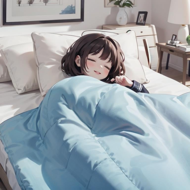 best quality, ultra-detailed, illustration, smile, 1girl, solo,futon, closed eyes, pillow, sleeping, brown hair, lying, bed, blanket, smile, on side, under covers, lips, indoors, <lora:goodsleep_SD15_V3_DIM4:0.8>