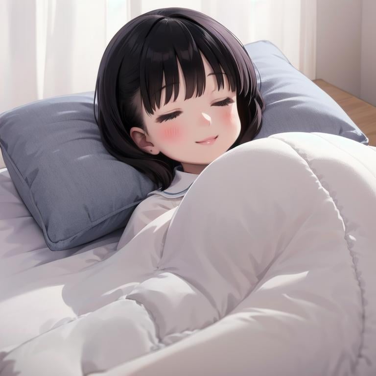 best quality, ultra-detailed, illustration, smile, 1girl, solo,closed eyes, black hair, pillow, sleeping, bed, lying, smile, blanket, under covers, lips, <lora:goodsleep_SD15_V3_DIM4:0.6>