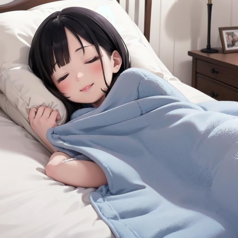 best quality, ultra-detailed, illustration, smile, 1girl, solo,closed eyes, black hair, pillow, sleeping, bed, lying, smile, blanket, under covers, lips, <lora:goodsleep_SD15_V3_DIM4:0.6>