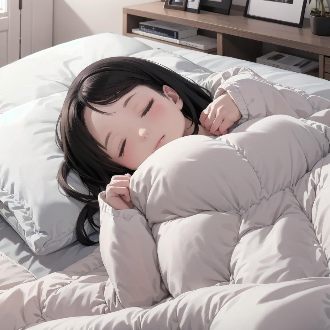 best quality, ultra-detailed, illustration,futon, 1girl, solo, black hair, sleeping, closed eyes, bed, lying, under covers, blanket, pillow, indoors, long hair <lora:goodsleep_SD15_V1_ResizeDIM4:0.6>