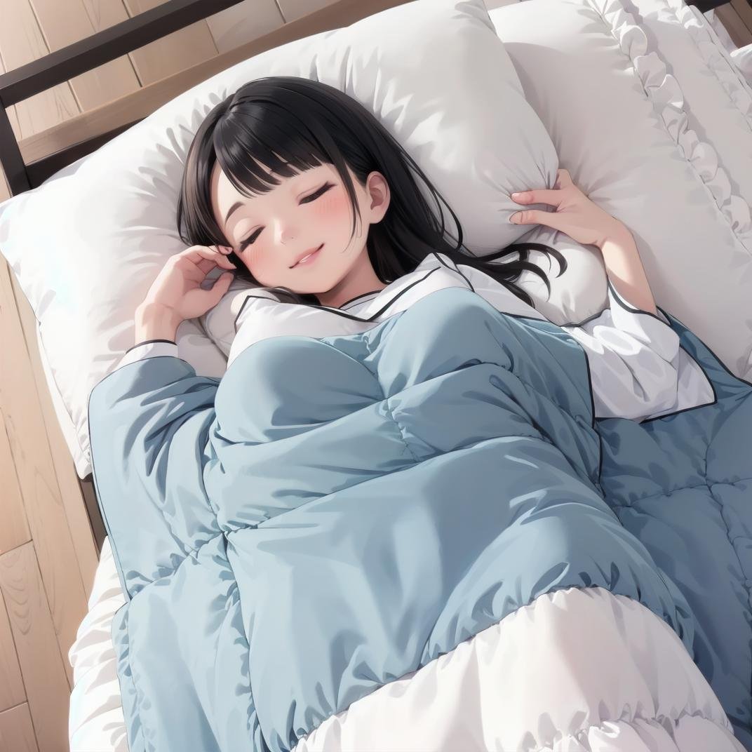 best quality, ultra-detailed, illustration,futon, 1girl,  solo, closed eyes, black hair, pillow, sleeping, bed, lying, smile, blanket, under covers, lips <lora:goodsleep_SD15_V1_ResizeDIM4:0.6>