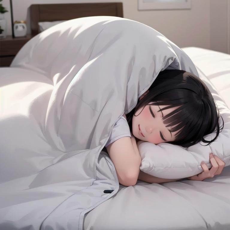 best quality, ultra-detailed, illustration,futon, 1girl,  solo, closed eyes, black hair, pillow, sleeping, bed, lying, smile, blanket, under covers, lips