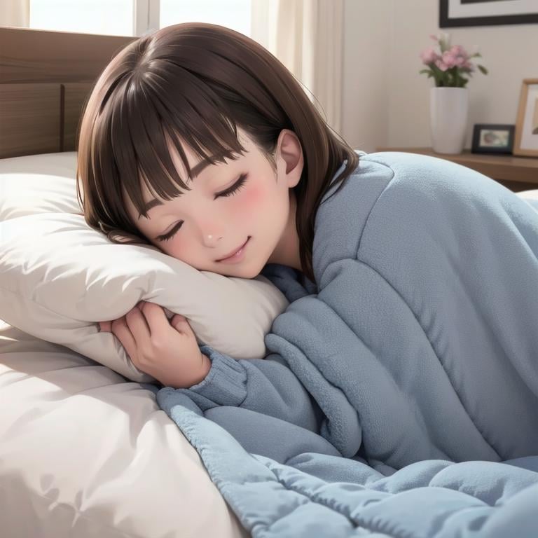 best quality, ultra-detailed, illustration,futon, 1girl, realistic, solo, closed eyes, pillow, sleeping, brown hair, lying, bed, blanket, smile, on side, under covers, lips, indoors