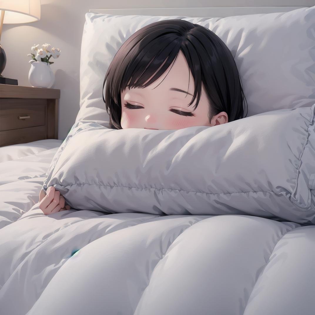 best quality, ultra-detailed, illustration,futon, 1girl,  solo, closed eyes, black hair, pillow, sleeping, bed, lying, smile, blanket, under covers, lips <lora:goodsleep_SD15_V1_ResizeDIM4:0.6>