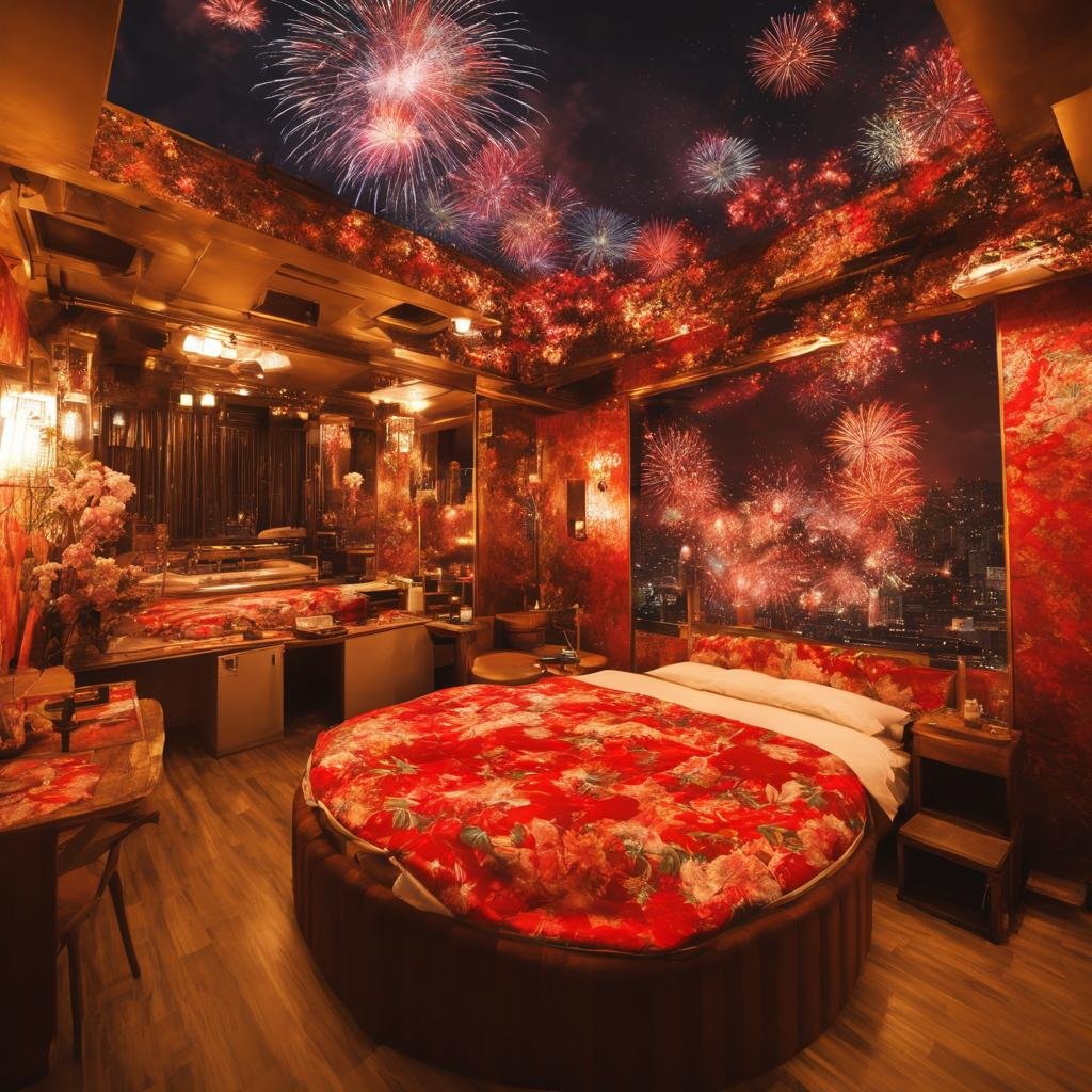 best quality, ultra-detailed,retro_lovehotel, scenery, japan, fireworks, night, solo, indoors, realistic, photo background, photo (medium)<lora:sd_xl_offset_example-lora_1.0:0.5>  <lora:retro_LOVEHOTEL_SDXL_V1:1>