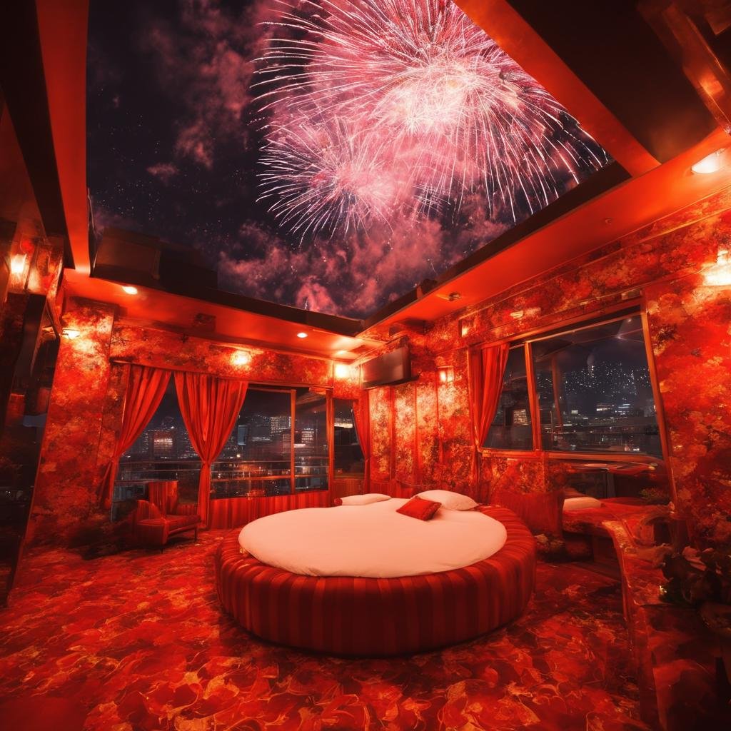 best quality, ultra-detailed,retro_lovehotel, scenery, japan, fireworks, night, solo, indoors, realistic, photo background, photo (medium)<lora:sd_xl_offset_example-lora_1.0:0.5>  <lora:retro_LOVEHOTEL_SDXL_V1:1>