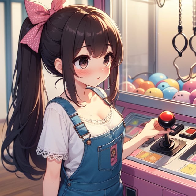 (((masterpiece))),  (((best quality))),  (((facing right))),  claw machine,  hands on bottom panel,  control long joystick and press button,  ((bend over)),  ribbon,  lace overalls,  brown updo,  bow belt,  cleavage,  shy,  blush,  petite figure proportion,<lora:EMS-230153-EMS:0.900000>