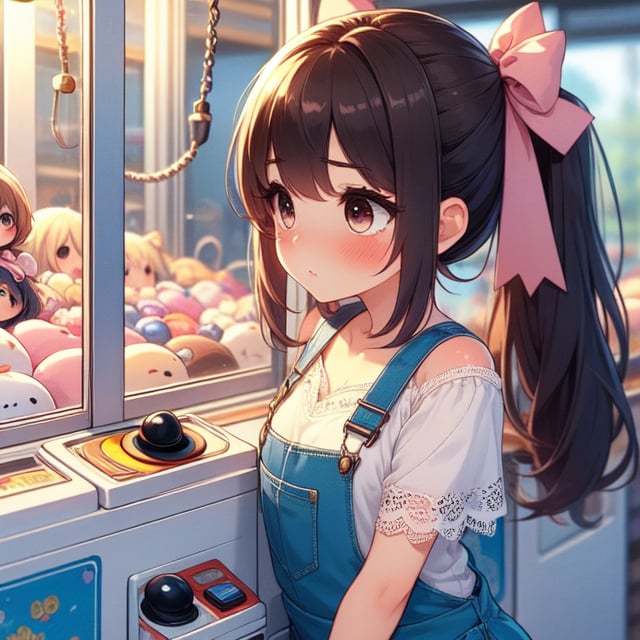 (((masterpiece))),  (((best quality))),  from front,  claw machine,  hands on bottom panel,  control long joystick and press button,  (((bend over))),  ribbon,  lace overalls,  brown updo,  shy,  blush,  petite figure proportion,  clamp doll,<lora:EMS-230153-EMS:1.000000>