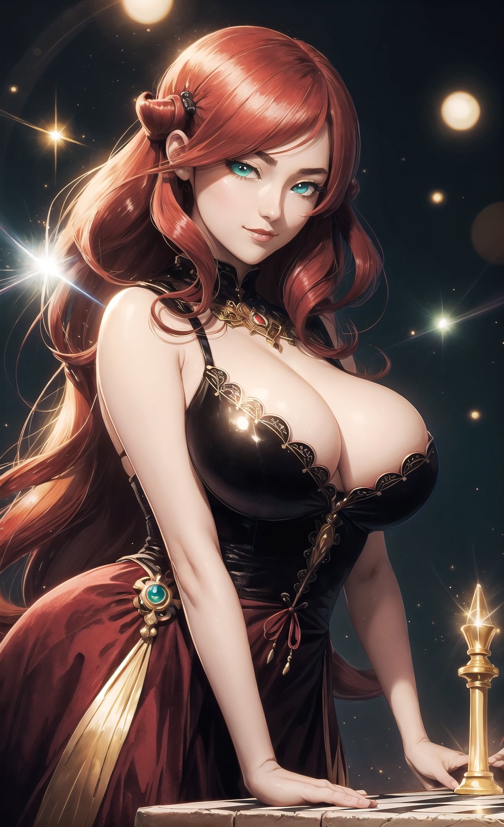 (Masterpiece, Best Quality),  (traditional media:1.2),  (detailed face,  detailed eyes),  character concept,  original,  aged up,  official alternae hairstyle,  regal,  queen,  queen of hearts playing on an oversized chess board,  elegant,  stylish,  bright red hair,  half updo,  long sidelocks,  wavy hair,  very long hair,  green eyes,  evening gown,  mature female,  smug,  ;o,  crossed arms,  head tilt,  intricate details,  breast press,  lust,  lovely eyes,  shimmer,  silk,  (parted bangs:1.2),  , hourglass figure,  cleavage,  leaning forward,  , curvy,  (large breasts:1.4),  thick thighs,  thick waist),  seductive pose,  seductive smile,  tsurime,  half-closed eyes,  deep eyes,  colored eyeslashes,  lipstick,  shiny skin,  dutch angle,  crazy,  cartoon,  shiny hair,  shiny,  2d,  thick lineart,  outline,  (long face:1.2),  sticker,  wonderland setting,  phsycadelic,  (extremely deailed background),  inviting viewers to look closely at the high-resolution illustration,  Fantasy,  magical vibes,  high fantasy mood,  sparks,  DoF,  bokeh,  sharp focus, ninjascroll,<lora:EMS-87113-EMS:0.300000>,<lora:EMS-19858-EMS:0.200000>