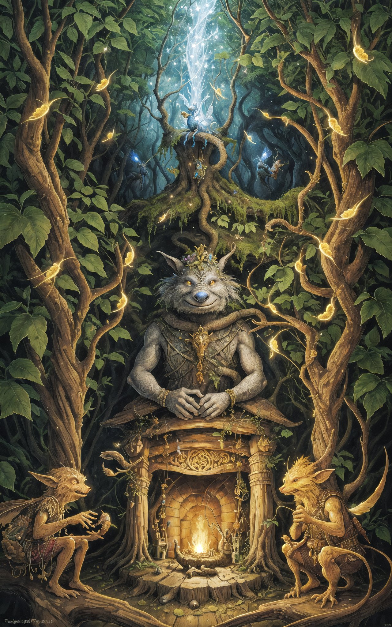 highly detailed fantasy illustration,  fairytale,  enchanted forest,  fireflies,  troll,  wood,  carving,  intricate details,  surreal,  fae,  dark crystal,  perfect shading,  glowing,  bloom,  alcove,  overgrown