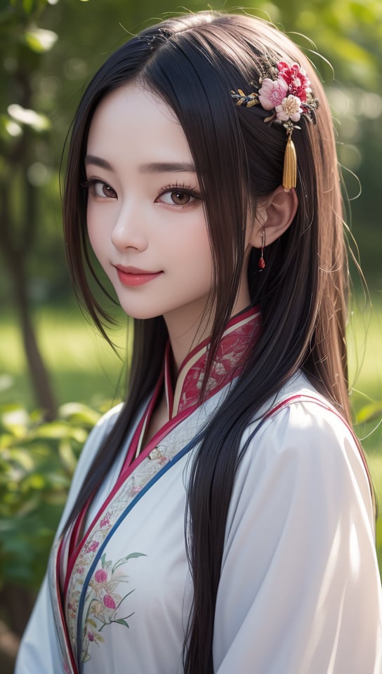 (best quality:1.4),(masterpiece:1.4),(8K:1.4),(extremely detailed:1.4),(Beautiful and detailed face:1.2),(close up:1.2),1girl,solo,looking at viewer,arms at sides,smile,(Extremely detailed chinese clothes:1.2),hanfu,architecture,east asian,riverside,forest,