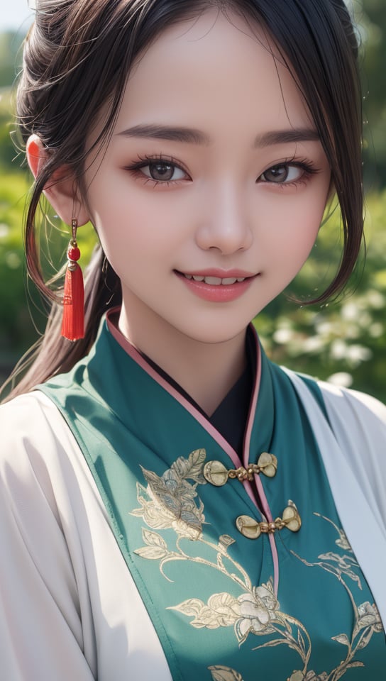 (best quality:1.4),(masterpiece:1.4),(8K:1.4),(extremely detailed:1.4),(Beautiful and detailed face:1.2),(close up:1.2),1girl,solo,looking at viewer,arms at sides,smile,(Extremely detailed chinese clothes:1.2),hanfu,architecture,east asian,riverside,forest,