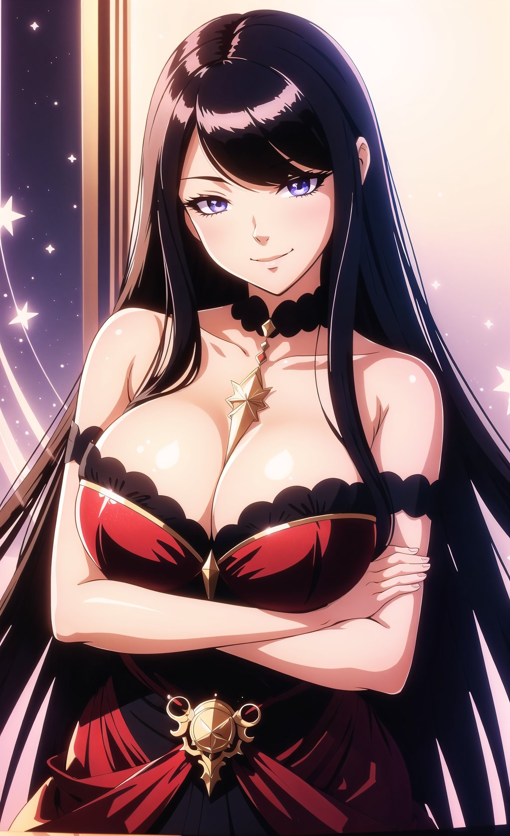 (Masterpiece, Best Quality),  (traditional media:1.2),  (detailed face,  detailed eyes),  a colorful character in a evening gown,  mature female,  smug,  ;o,  crossed arms,  head tilt,  intricate details,  breast press,  lust,  lovely eyes,  shimmer,  silk,  (parted bangs:1.2),  , hourglass figure,  cleavage,  leaning forward,  , curvy,  (large breasts:1.4),  thick thighs,  thick waist),  seductive pose,  seductive smile,  tsurime,  half-closed eyes,  deep eyes,  colored eyeslashes,  listick,  shiy skin,  shiny hair,  shiny,  2d,  thick lineart,  outline,  sticker,  white background,  simple background,  inviting viewers to look closely at the high-resolution illustration,  Fantasy,  magical vibes,  high fantasy mood,  sparks,  DoF,  bokeh,  sharp focus, ninjascroll,<lora:EMS-87113-EMS:0.300000>,<lora:EMS-19858-EMS:0.200000>