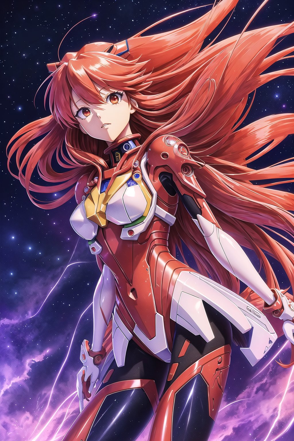 nijiMecha, lora:nijiMecha:0.85, (best quality,  masterpiece,  colorful,  dynamic angle,  highest detailed)(Asuka Langley), upper body photo, fashion photography of cute red long hair girl (Asuka Langley), dressing high detailed Evangelion red suit (high resolution textures), in dynamic pose, bokeh, (intricate details,  hyperdetailed:1.15), detailed, moonlight passing through hair, perfect night, (fantasy art background), (official art,  extreme detailed,  highest detailed), HDR+