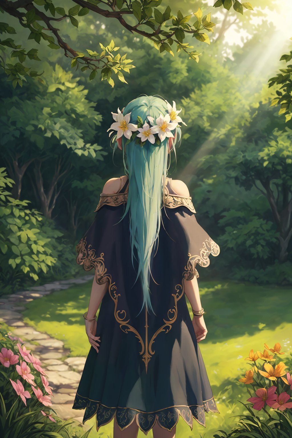 (masterpiece,  best quality:1.3),  flower dress,  (fantasy),  high fantasy,  character concept,  original,  elf,  colorful,  nature,  grass, , exposure blend,  medium shot,  bokeh,  (hdr:1.4),  high contrast,  (cinematic,  (muted colors,  dim colors,  soothing tones:1.3),  hair flower,  shoulder_cape,  from behind,  looking back,  standing,  leaning back,  turning,  shaded tree,  dappled sunlight,  head tilt,  intricate details,  highly detailed,  digital illustration,  sharp focus,  motion blur,  8k,  low saturation, FFIXBG,<lora:EMS-27757-EMS:0.500000>