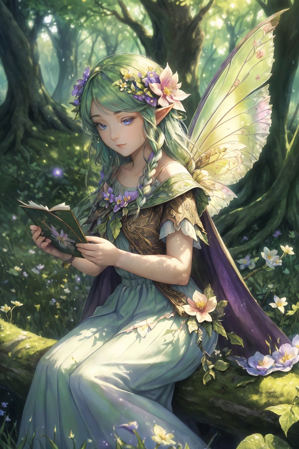 (masterpiece,  best quality:1.3),  flower dress,  (fantasy),  high fantasy,  character concept,  original,  elf,  colorful,  nature,  grass, , exposure blend,  medium shot,  bokeh,  (hdr:1.4),  high contrast,  (cinematic,  (muted colors,  dim colors,  soothing tones:1.3),  hair flower,  shoulder_cape,  sitting,  leaning against tree,  shaded tree,  dappled sunlight,  shoulder to shoulder,  looking at another,  (fairy),  head tilt,  intricate details,  highly detailed,  digital illustration,  sharp focus,  motion blur,  8k,  low saturation,<lora:EMS-35015-EMS:0.000000>
