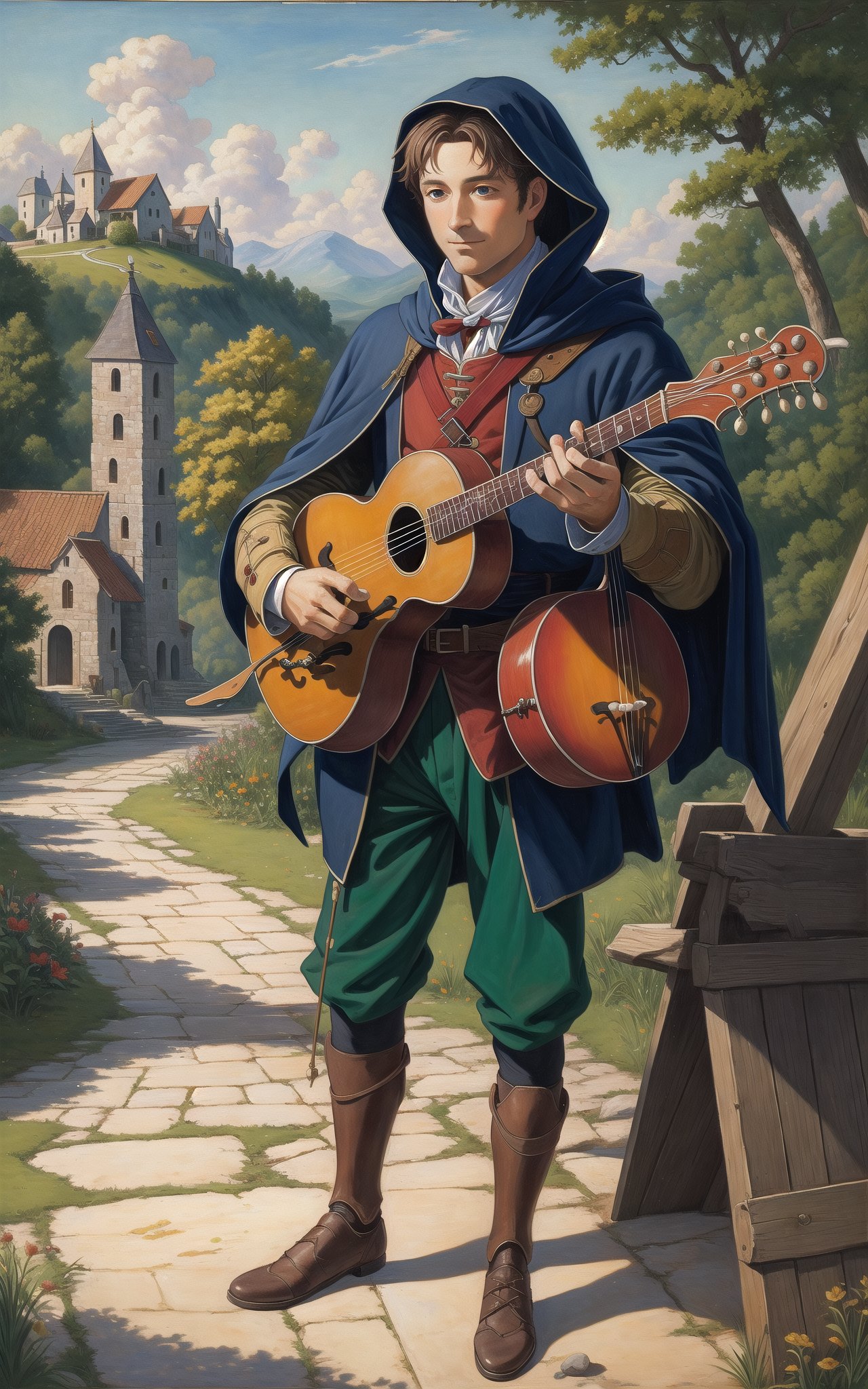 A medieval minstrel with very colorful suit with tippet and hood playing a mandolin in a romantic landscape,  oil painting,  extremely detailed,  masterpiece,  approaching to perfection