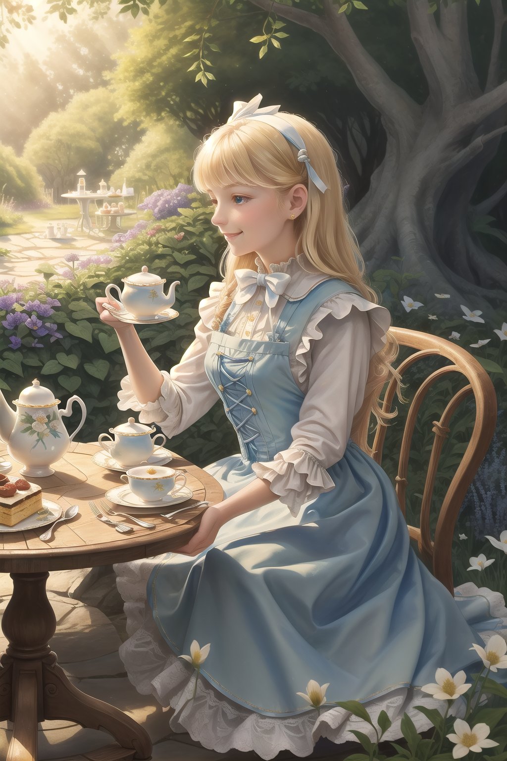 (masterpiece,  best quality:1.2),  finely crafted illustration,  8k resolution wallpaper,  alice in wonderland,  tea party,  1girl and a rabbit dressed in fancy clothes,  blonde hair,  long hair,  swept bangs,  sitting,  pouring tea,  light smile,  pinafore,  blue dress,  Juliette sleeves,  white apron,  hair bow,  grass,  (garden),  beautiful,  flower,  teacup,  surreal fantasy,  silver cutlery,  dessert,  nature,  tree,  natural lighting,  soft lighting,  volumetric,  intricate details,  perfect composition and lighting,  dreamlike,  (victorian),  high fantasy,  colorful,  (bloom:0.5),  shallow depth of field