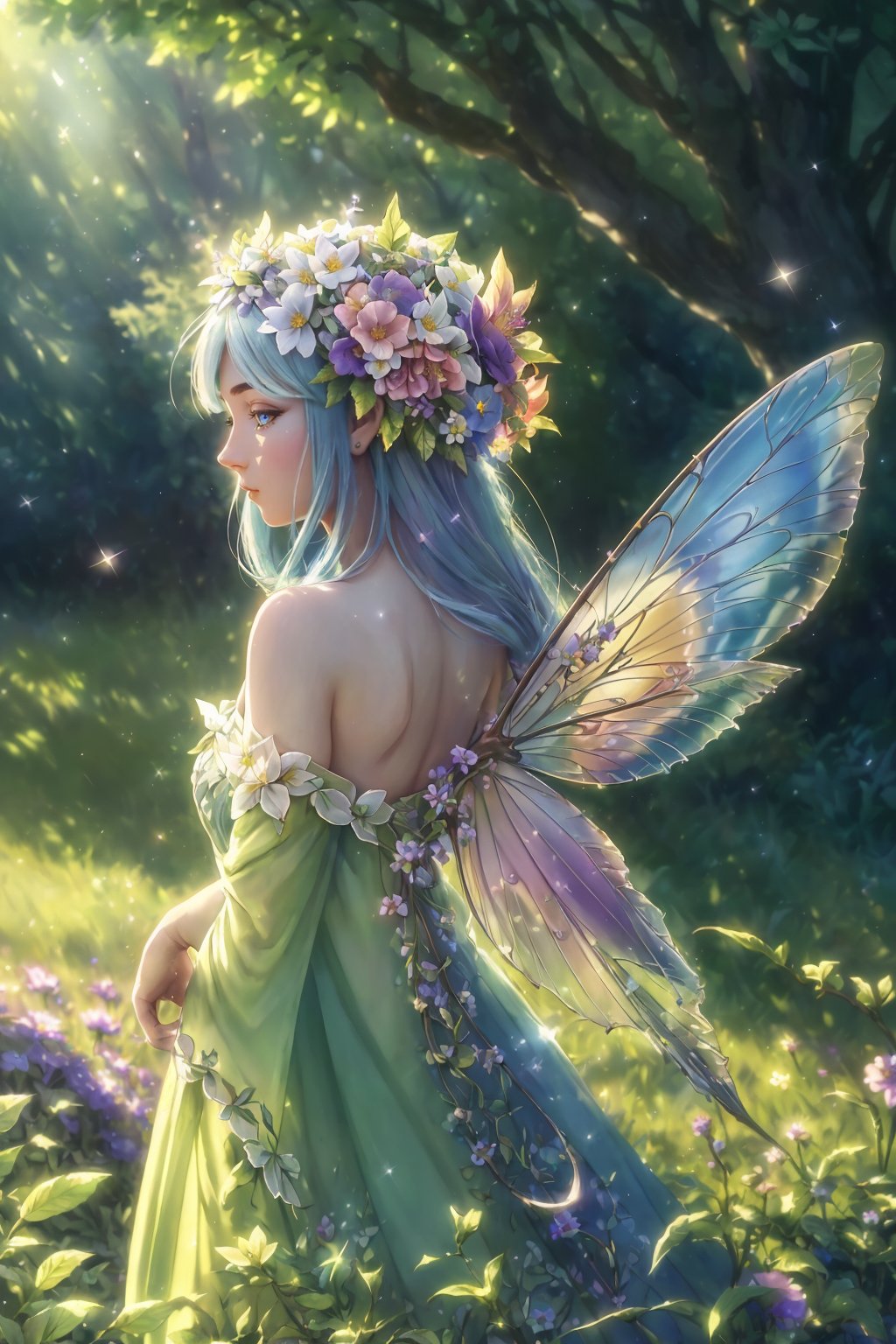 (masterpiece,  best quality:1.3),  flower dress,  (fantasy),  high fantasy,  character concept,  original,  elf,  colorful,  nature,  grass, , exposure blend,  medium shot,  bokeh,  (hdr:1.4),  high contrast,  (cinematic,  (muted colors,  dim colors,  soothing tones:1.3),  hair flower,  shoulder_cape,  from behind,  looking back,  standing,  leaning back,  turning,  shaded tree,  dappled sunlight,  (fairy),  head tilt,  intricate details,  highly detailed,  digital illustration,  sharp focus,  motion blur,  8k,  low saturation,<lora:EMS-35015-EMS:0.000000>