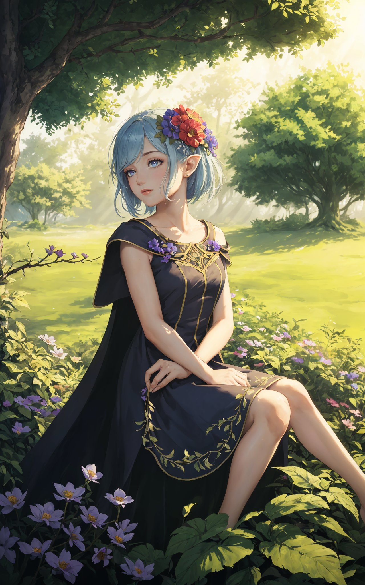 (masterpiece,  best quality:1.3),  flower dress,  (fantasy),  high fantasy,  character concept,  original,  elf,  colorful,  nature,  grass, , exposure blend,  medium shot,  bokeh,  (hdr:1.4),  high contrast,  (cinematic,  (muted colors,  dim colors,  soothing tones:1.3),  (Detailed hair),  pinafore,  hair flower,  shoulder_cape,  sitting,  leaning against tree,  shaded tree,  dappled sunlight,  shoulder to shoulder,  looking at another,  head tilt,  intricate details,  highly detailed,  digital illustration,  sharp focus,  motion blur,  8k,  low saturation,<lora:EMS-35015-EMS:0.000000>