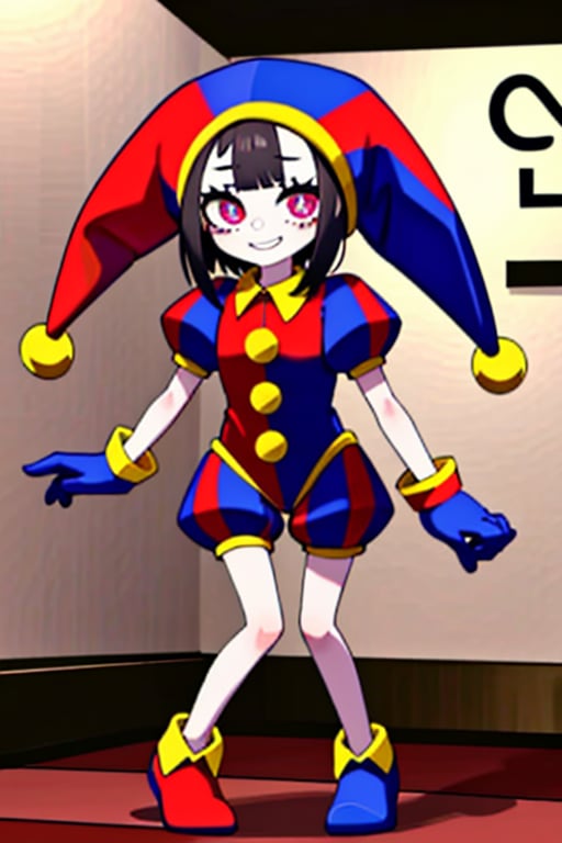 1girl, solo, indoors, full body, standing, smile, pomni, multicolored clothes, jester cap, puffy short sleeves, gloves, buttons, colored skin, symbol-shaped pupils, red eyes, blue eyes
,<lora:659111690174031528:1.0>