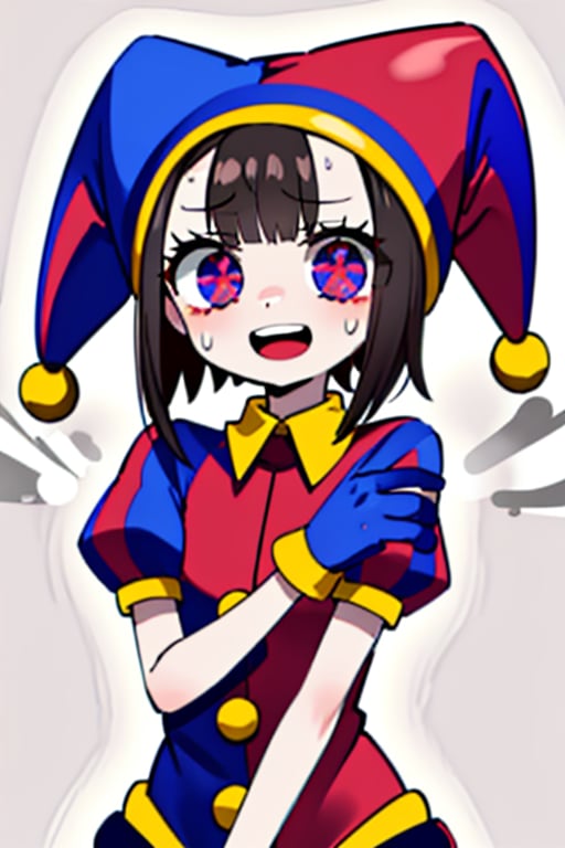 1girl, solo, upper body, :D, sweat, pomni, multicolored clothes, jester cap, puffy short sleeves, gloves, buttons, colored skin, symbol-shaped pupils, red eyes, blue eyes
,<lora:659111690174031528:1.0>