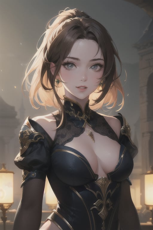 ((masterpiece)),  ((best quality)),  (ultra-detailed),  absurdres,  extremely detailed CG unity 8k wallpaper,  Official Art,   beautiful face,  detailed hands,  expressive eyes,  upper body,  close up,  solo,  scenery,  illustration,  dramatic lighting,  standing,  arm at side,  seductive smile,  parted lips,  1girl, lady,  ((masterpiece)),  , absurdres,  HDR