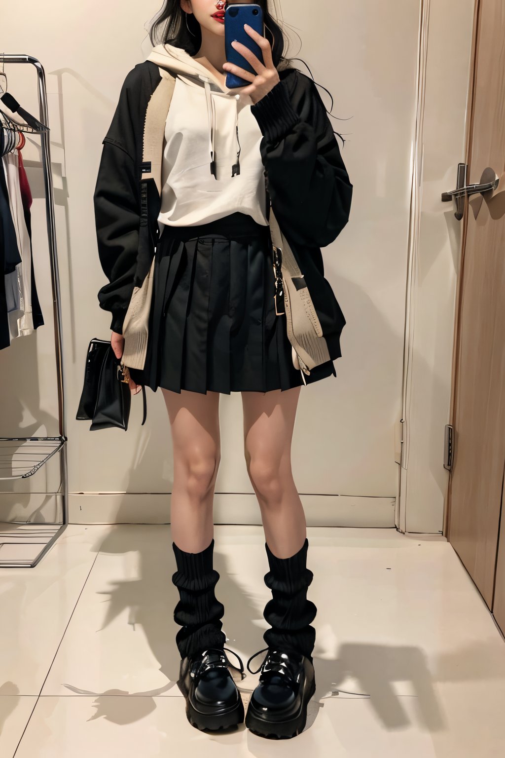 (best quality, masterpiece), shiny body,  shiny skin, 

a girl taking a selfie holding her phone, 1girl, cellphone, skirt, holding phone, selfie, v, smartphone, (black heaps socks, snow boots by LGG), Beige hoodie, white short pleated skirt, and a crossbody bag, (Standing in a clothing store:1.3), from below, (full-body shot:1.5), black heaps socks,heaps socks