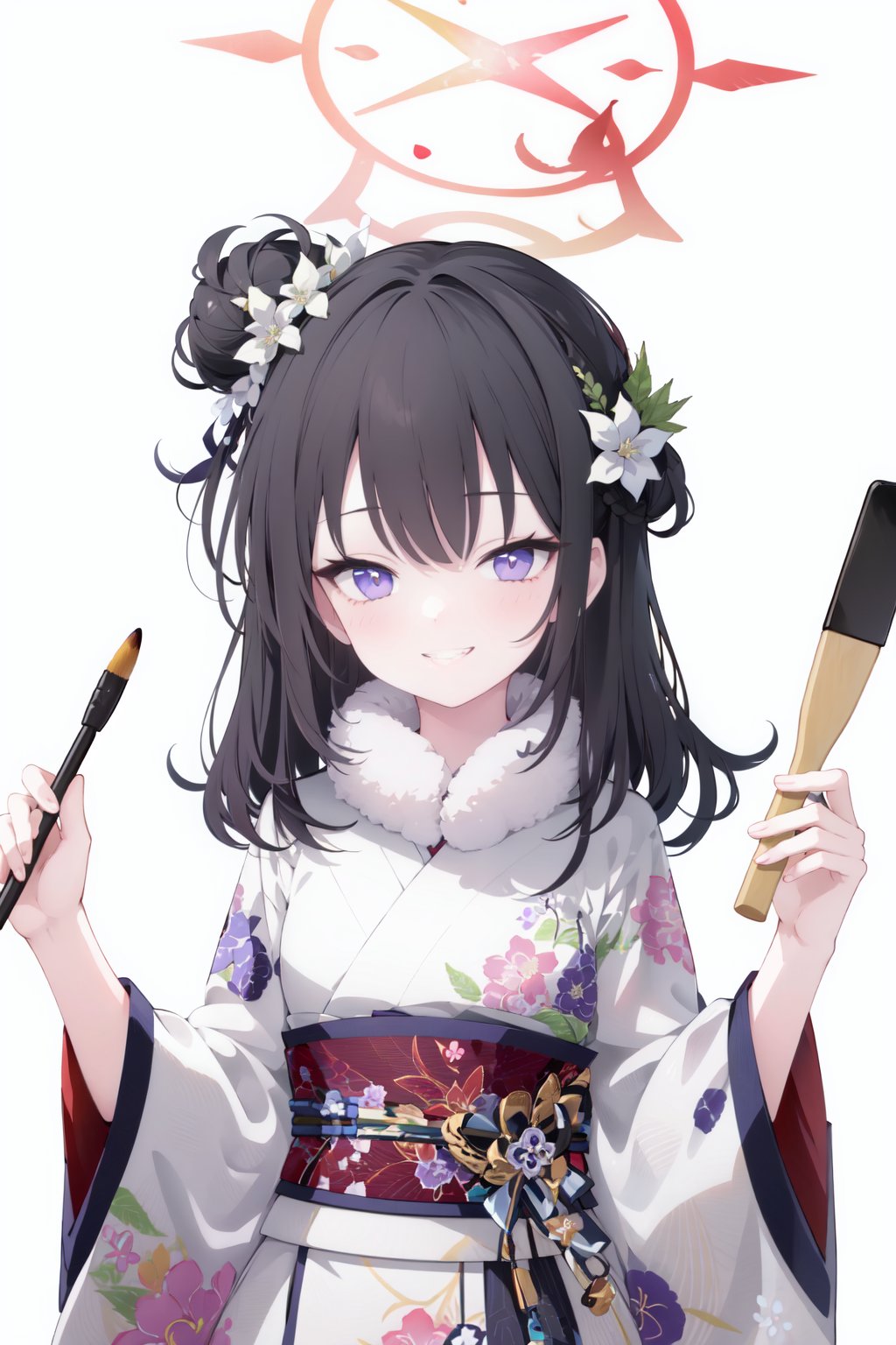 mutsuki \(blue archive\), 1girl, halo, hair ornament, kimono, japanese clothes, smile, holding, solo, sash, flower, white hair, hair flower, wide sleeves, looking at viewer, obi, white kimono, white background, hair bun, paddle, simple background, long sleeves, paintbrush, blush, pink flower, grin, official alternate costume, floral print, holding brush, holding paintbrush, single hair bun, bangs, calligraphy brush, purple eyes, fur collar