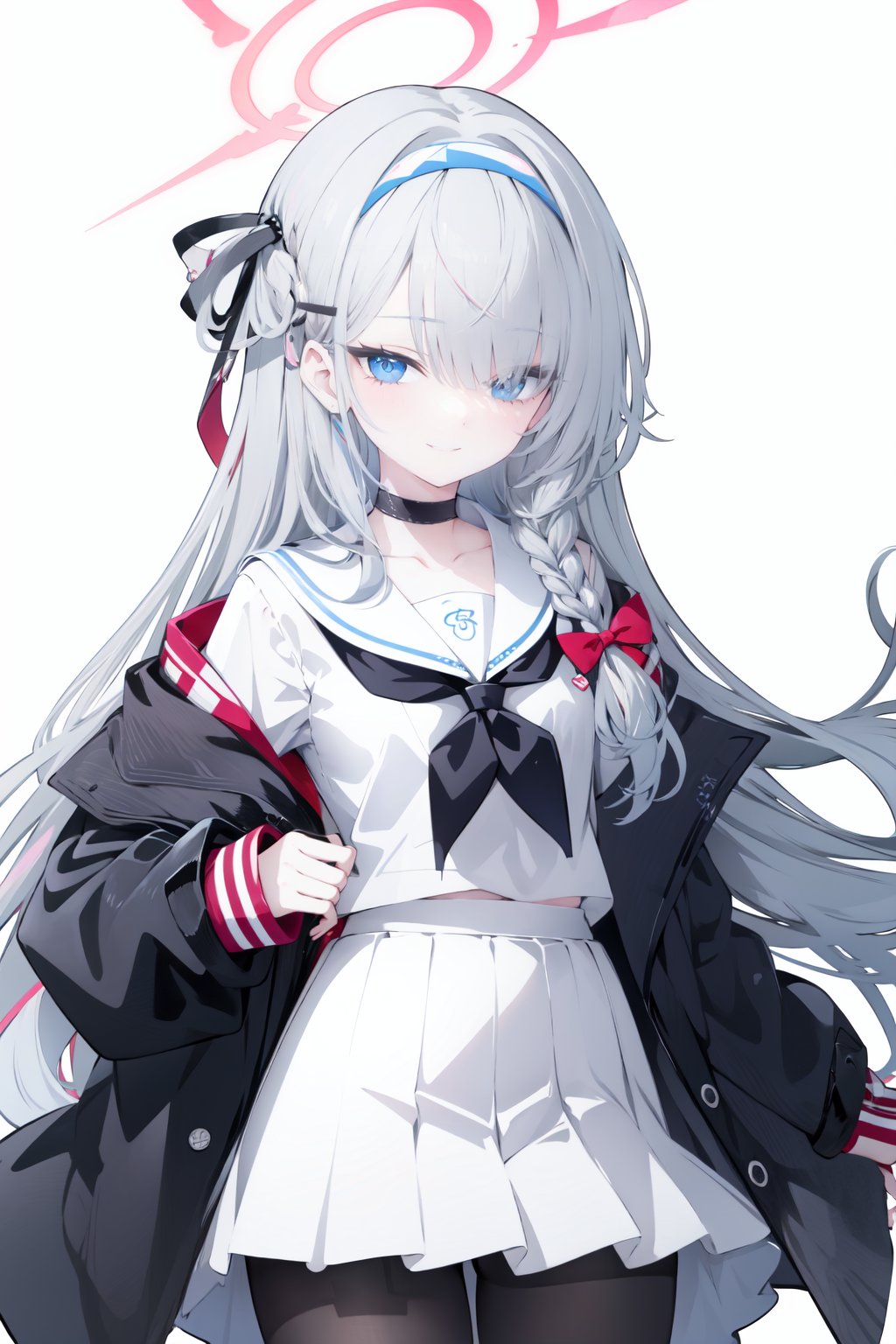 1girl, solo, long hair, halo, choker, serafuku, school uniform, hair over one eye, skirt, pantyhose, hairband, neckerchief, bow hairband, braid, sailor collar, blue eyes, black choker, black hairband, pleated skirt, simple background, white background, black pantyhose, looking at viewer, black serafuku, long sleeves, bangs, very long hair, grey hair, pink hair, black skirt, closed mouth, shirt, single braid, collarbone, jacket, white neckerchief, ribbon, open clothes, hair ribbon, multicolored hair, cowboy shot, blush