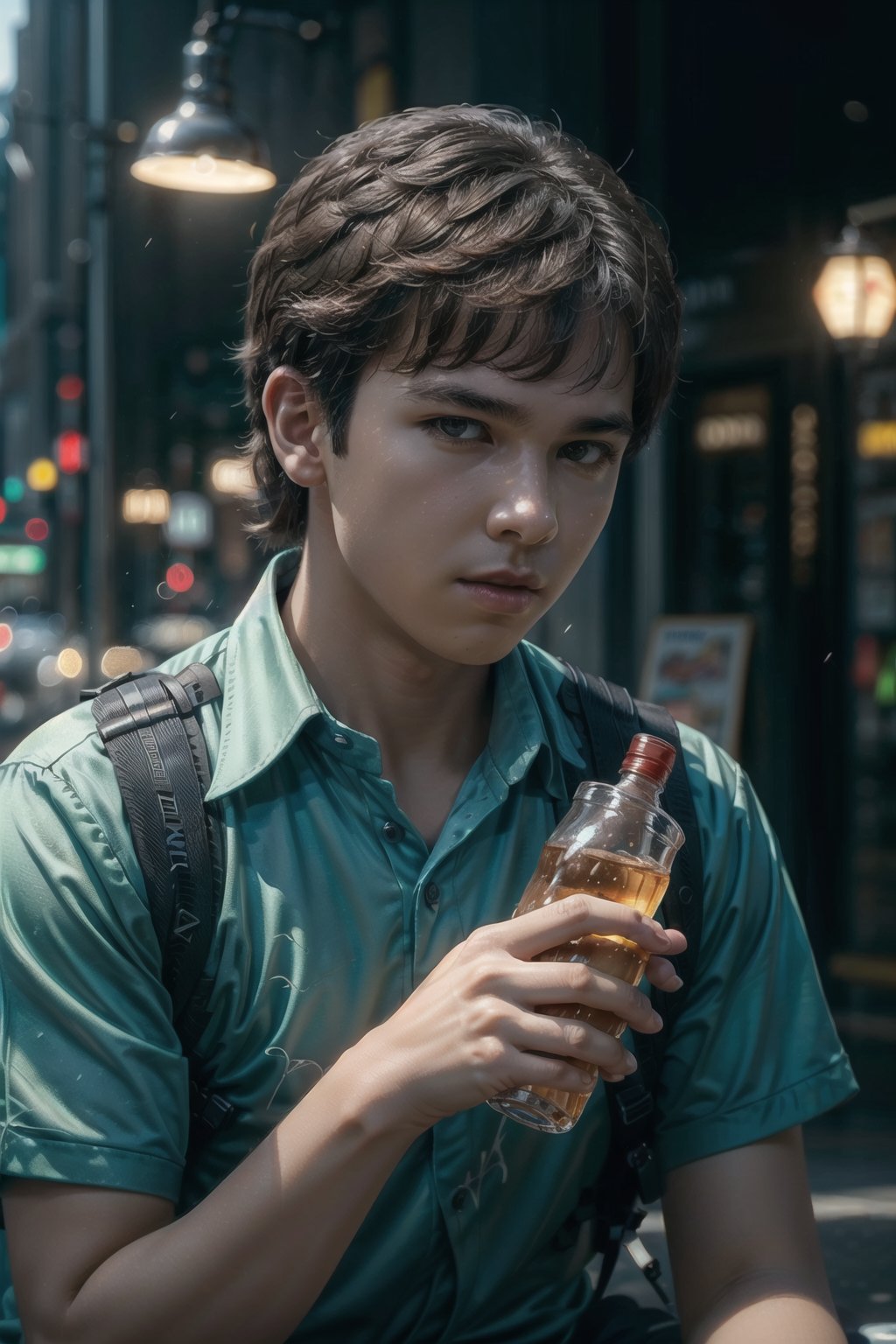 vibrant colors, male, masterpiece, sharp focus, best quality, depth of field, cinematic lighting, ((solo, one man )), (illustration, 8k CG, extremely detailed), masterpiece, ultra-detailed, Mr.Bro
, drinking, 1boy, male focus, bottle, upper body, collared shirt, signature, holding