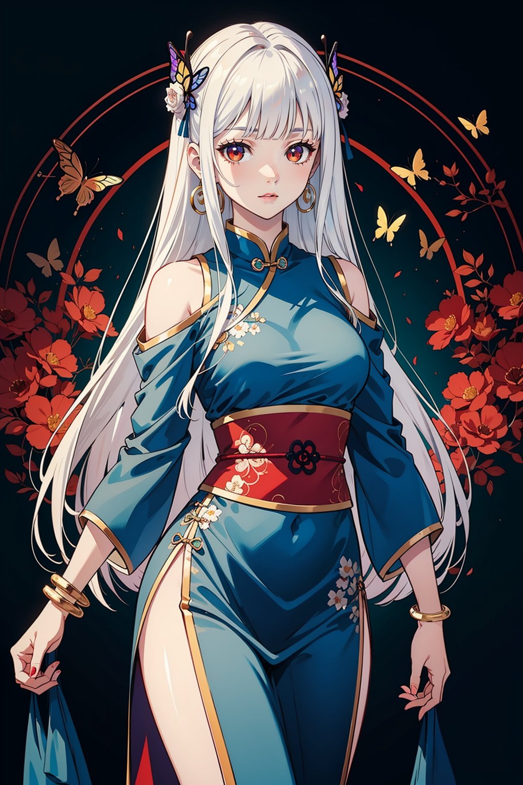  illustration, masterpiece, best quality, extremely detailed, wallpaper,
8k, mysterious, vivid color, shiny, best quality, intricate, good anatomy, beautiful lighting,

1girl, solo, Chinese clothes,

long hair, butterfly, pale skin, white hair, Hanfu, hime cut, bangs, bracelet, blunt bangs, jewelry, red eyes,

magic circle, light particles, light rays, Magic Circle,

cowboy shot, wide shot, volumetric lighting, detailed eyes,