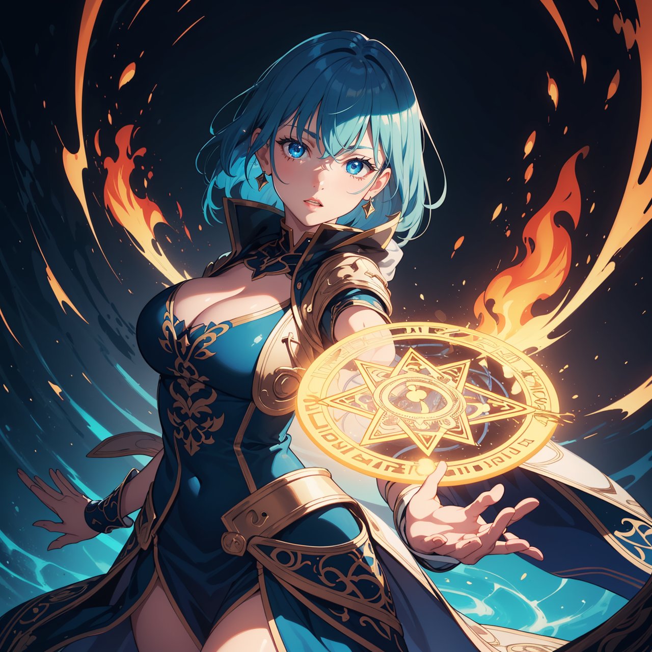  illustration, masterpiece, best quality, extremely detailed, wallpaper,
8k, mysterious, vivid color, shiny, best quality, intricate, good anatomy, beautiful lighting,

1girl, open hand, blue hair, fire,

magic circle, light particles, light rays, Magic Circle,

cowboy shot, wide shot, volumetric lighting, detailed eyes,