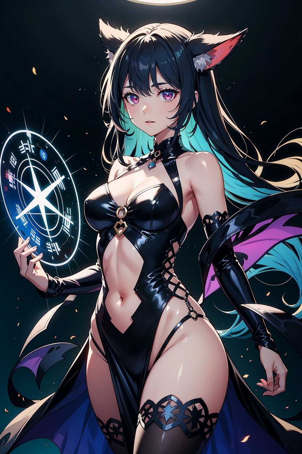  illustration, masterpiece, best quality, extremely detailed, wallpaper,
8k, mysterious, vivid color, shiny, best quality, intricate, good anatomy, beautiful lighting,

1girl, blue hair, fox ears, multicolored eyes, glowing,
purple eye, bare shoulders, demon eyes,

magic circle, light particles, light rays, Magic Circle,

cowboy shot, wide shot, volumetric lighting, detailed eyes,