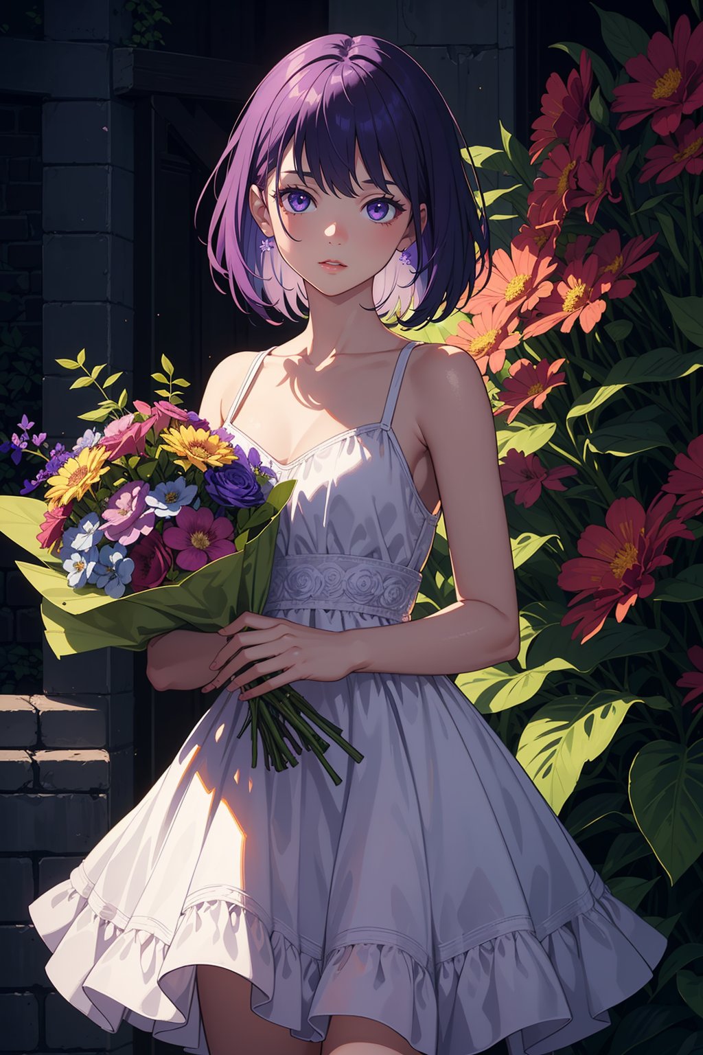 illustration, masterpiece, best quality, extremely detailed, wallpaper,
8k, mysterious, vivid color, shiny, best quality, intricate, good anatomy, beautiful lighting,

1girl,

bright purple hair, wearing a sundress and holding a bouquet of wildflowers,

cowboy shot, wide shot, volumetric lighting, detailed eyes,