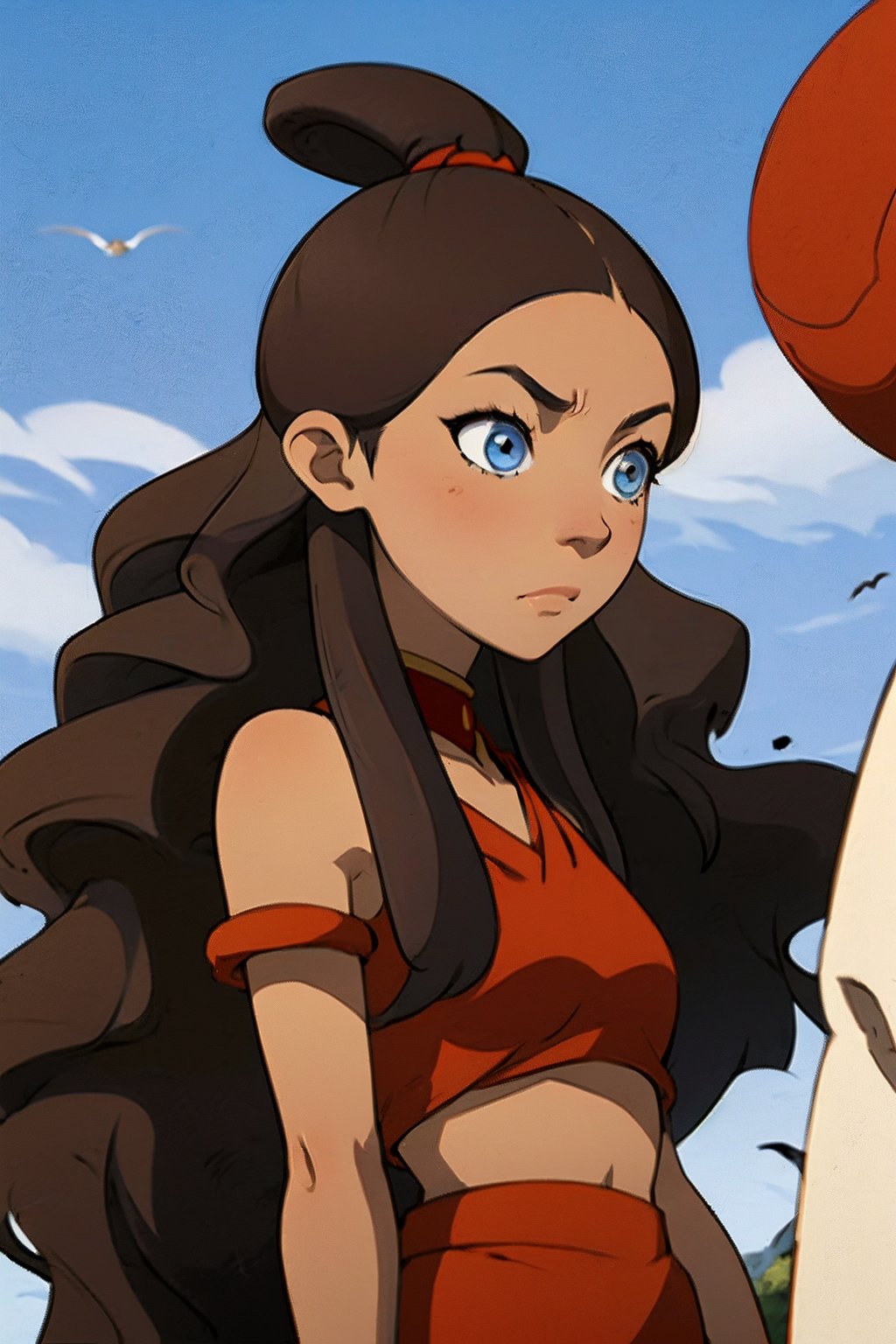 blue eyes, brown skin, red clothes, brown_hair, crop_top, hair_ornament, topknot, Katara1,