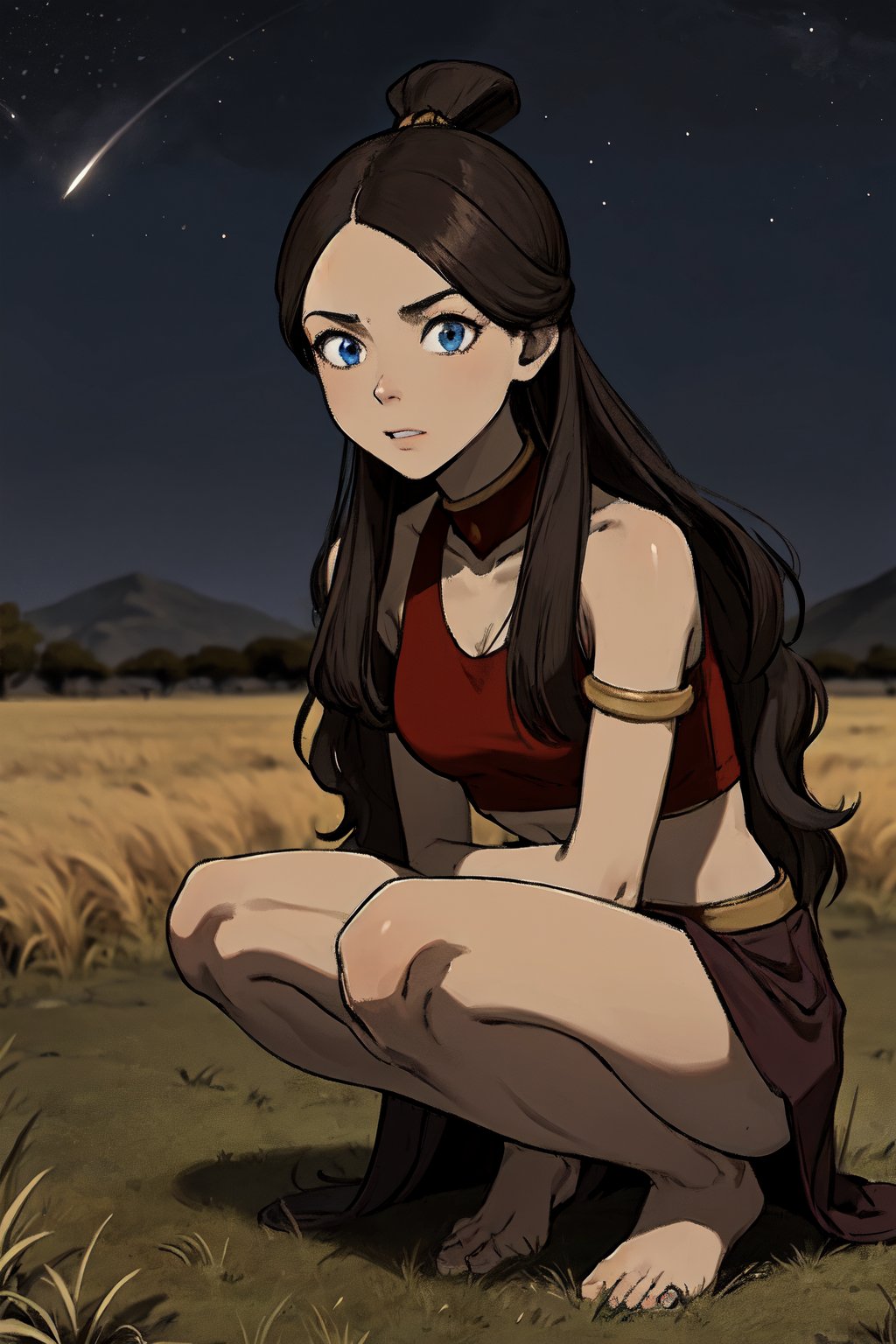 brown skin, blue eyes, red clothes, brown_hair, crop_top, hair_ornament, topknot, Katara1, (masterpiece), best quality, absurdres, highres, extremely detailed, perfect lighting, outdoors, grass, field, night sky, 16 years old, looking_at_viewer, full_body,dynamic pose, squatting