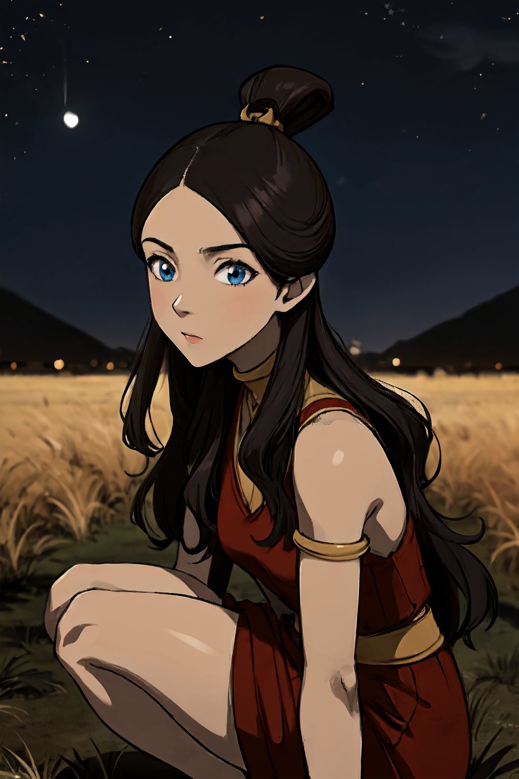 brown skin, blue eyes, red clothes, brown_hair, crop_top, hair_ornament, topknot, Katara1, (masterpiece), best quality, absurdres, highres, extremely detailed, perfect lighting, outdoors, grass, field, night sky, 16 years old, looking_at_viewer, full_body 1:2,dynamic pose, squatting, 150 cm tall,