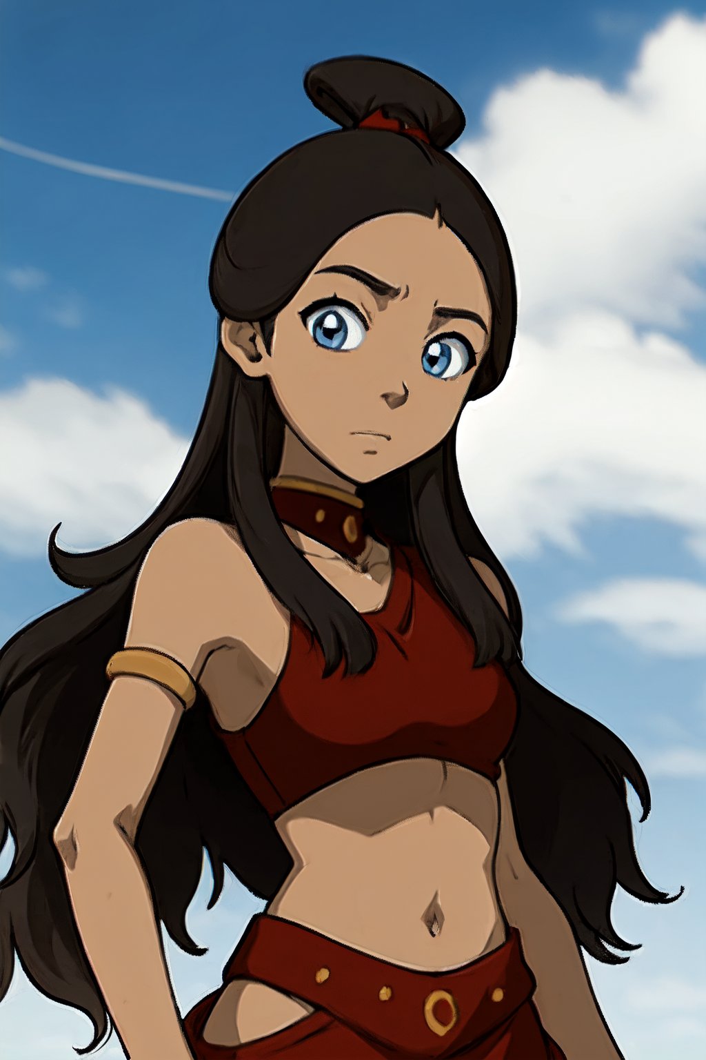 blue eyes, red clothes, brown_hair, crop_top, hair_ornament, topknot,,Katara1