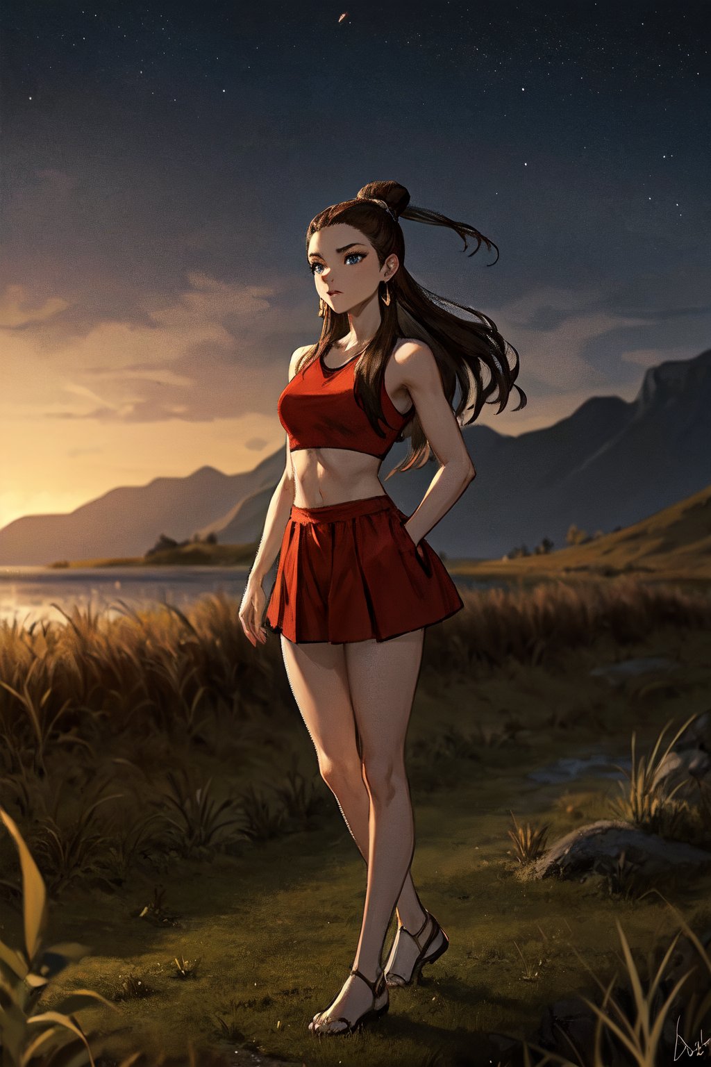 blue eyes, red clothes, brown_hair, crop_top, hair_ornament, topknot, Katara1, (masterpiece), best quality, absurdres, highres, extremely detailed, perfect lighting, outdoors, grass, field, night sky, 18 years old, full_body