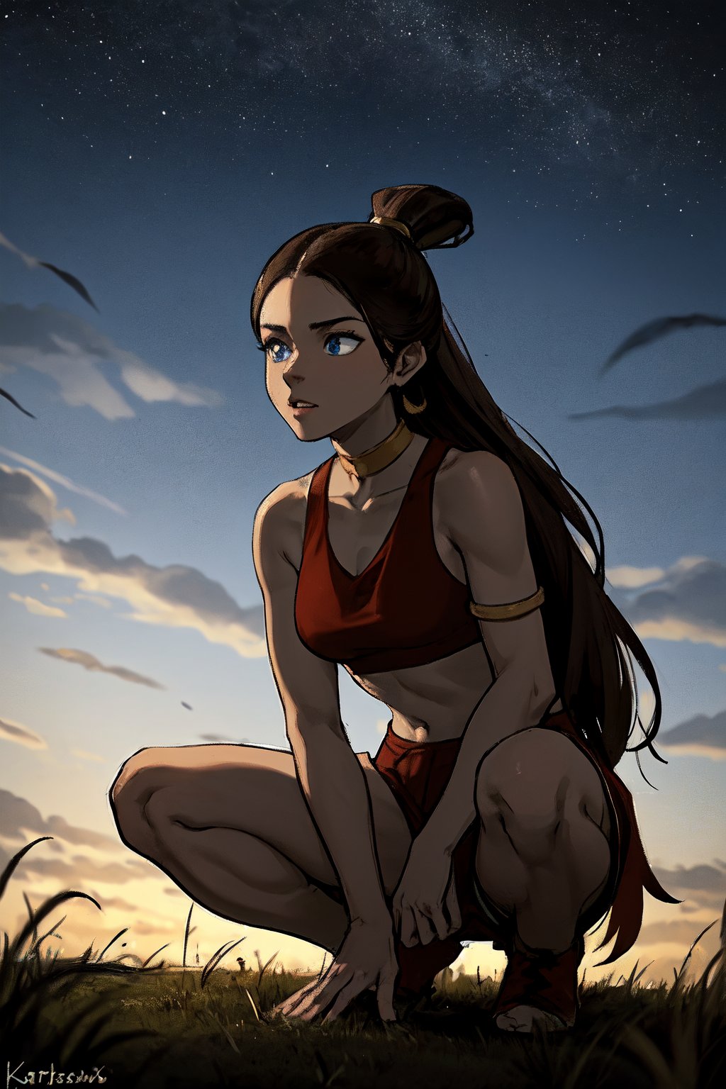 brown skin, blue eyes, red clothes, brown_hair, crop_top, hair_ornament, topknot, Katara1, (masterpiece), best quality, absurdres, highres, extremely detailed, perfect lighting, outdoors, grass, field, night sky, 16 years old, full_body,dynamic pose, squatting