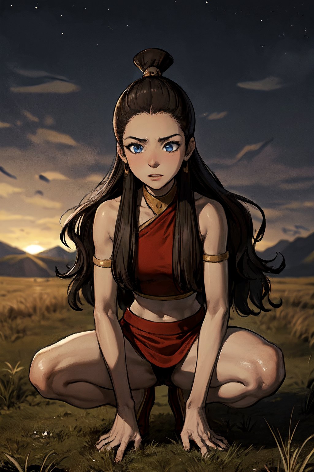 brown skin, blue eyes, red clothes, brown_hair, crop_top, hair_ornament, topknot, Katara1, (masterpiece), best quality, absurdres, highres, extremely detailed, perfect lighting, outdoors, grass, field, night sky, 16 years old, looking_at_viewer, full_body 1:2,dynamic pose, squatting, 150 cm tall,