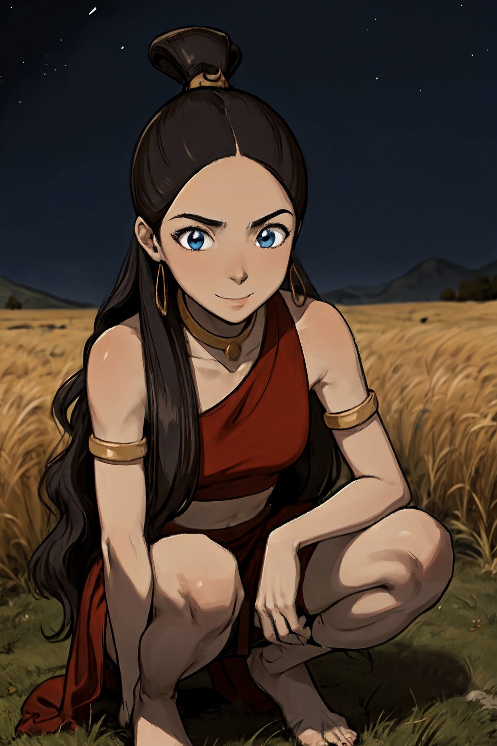 brown skin, blue eyes, red clothes, brown_hair, crop_top, hair_ornament, topknot, Katara1, (masterpiece), best quality, absurdres, highres, extremely detailed, perfect lighting, outdoors, grass, field, night sky, 16 years old, looking_at_viewer, upper_body,dynamic pose, squatting, 150 cm tall, slightly smile,