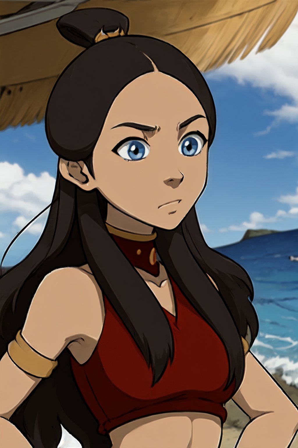 blue eyes, red clothes, brown_hair, crop_top, hair_ornament, topknot,,Katara1