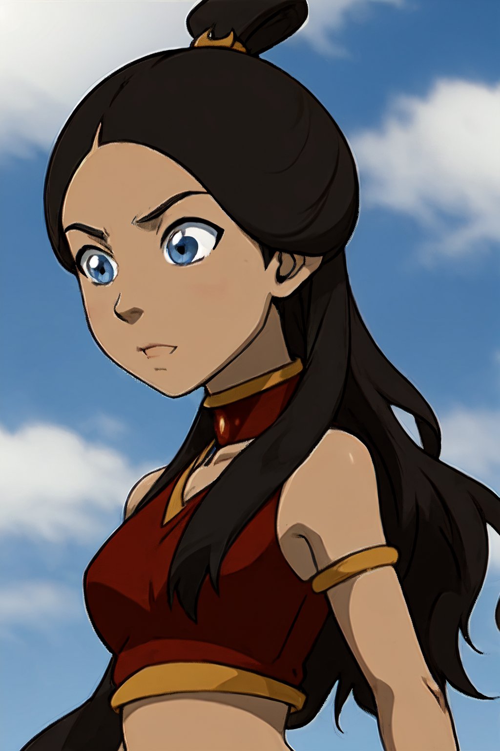 blue eyes, red clothes, brown_hair, crop_top, hair_ornament, topknot,Katara1, dynamic pose,