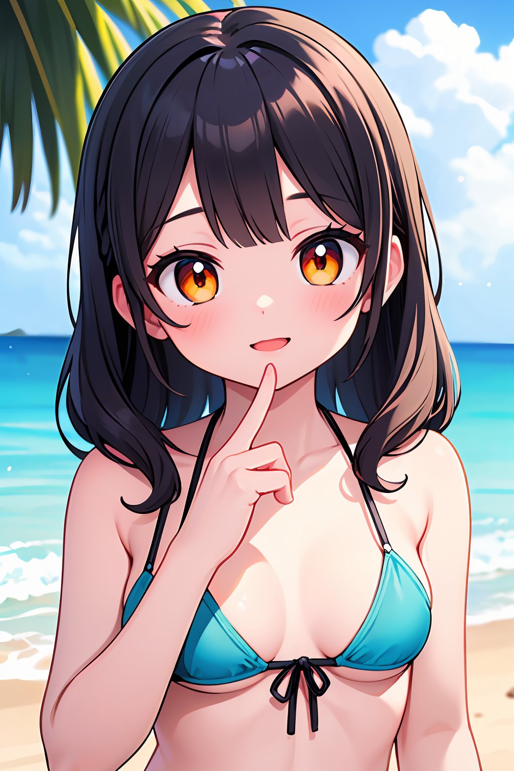 ((masterpiece, best quality, ultra-detailed, very fine 8KCG wallpapers)), 1girl, solo, medium breasts, happy, medium wavy hair, turquoise hair, orange eyes, bikini, tropical beach, warm, beautiful face, nice hands, perfect hands,