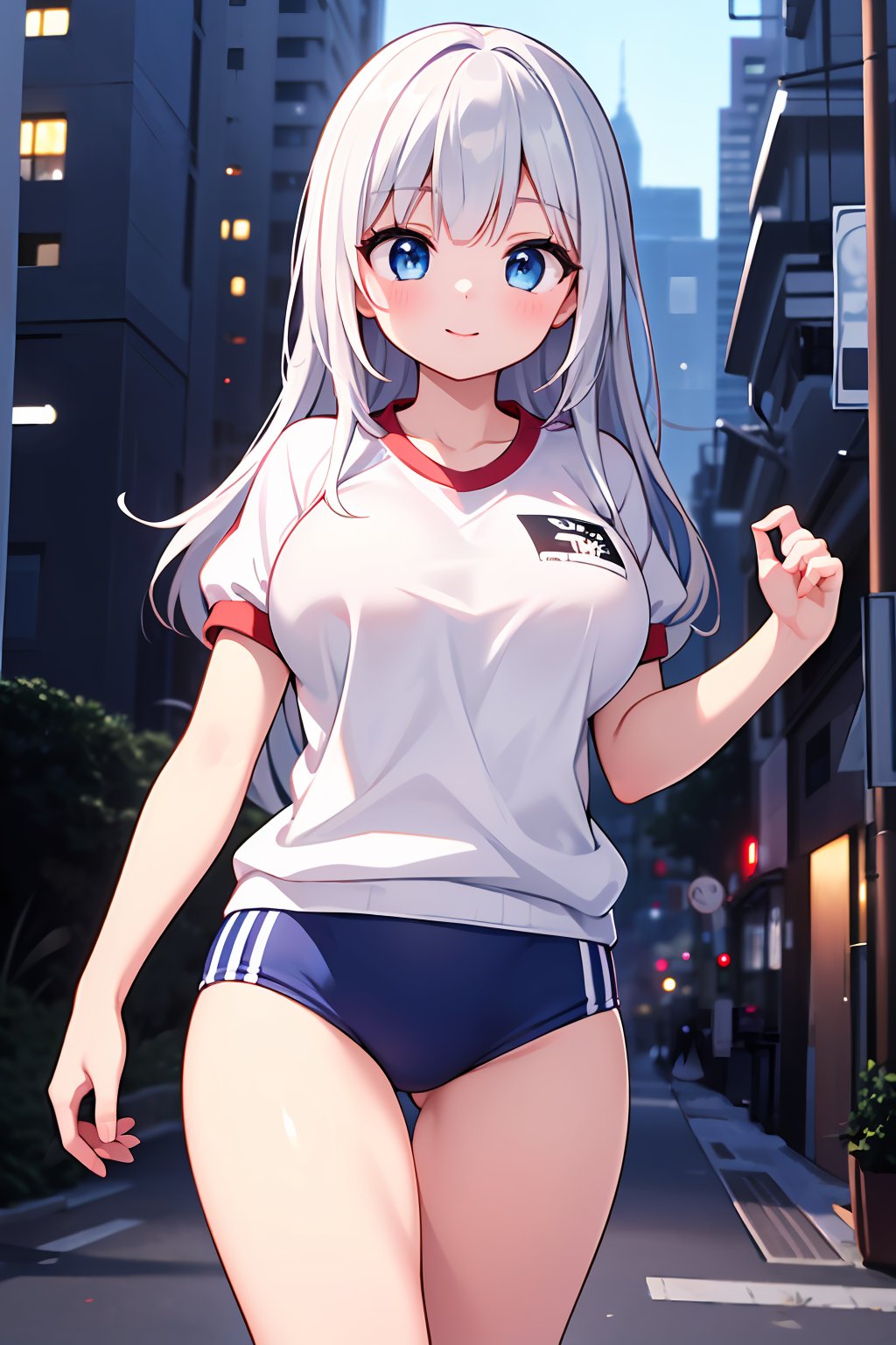 ((masterpiece, best quality, ultra-detailed, very fine 8KCG wallpapers)), 1girl, solo, large breasts, happy, oily skin, walking pose, fringe hair, metallic silver hair, blue eyes, (nipples:0.5), young, cute, gym uniform, cyberpunk city, warm, beautiful face, evening, cowboy shot, nice hands, perfect hands,