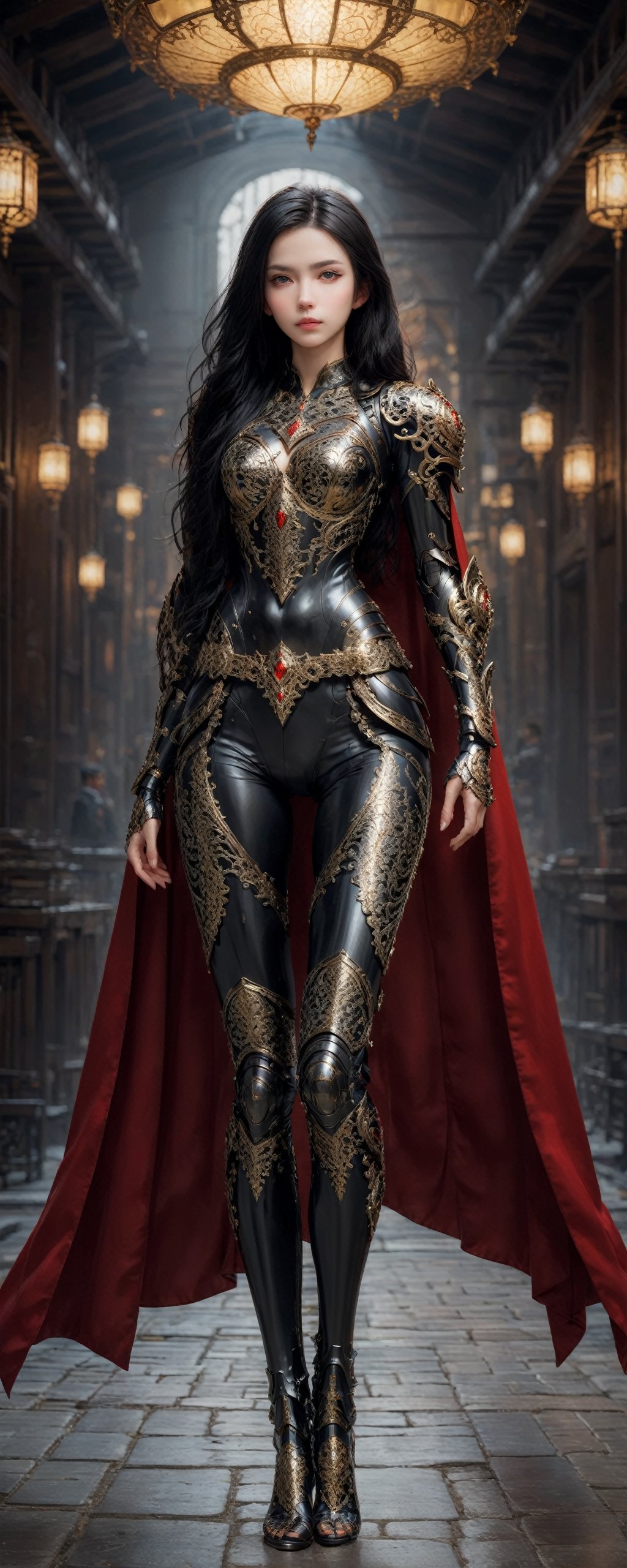 front_view, masterpiece, best quality, photorealistic, raw photo, (1girl, looking at viewer), black long hair, mechanical black armor, intricate armor, delicate gold filigree, black metalic parts, detailed part, red cape, standing pose, detailed background, dynamic lighting,Long Legs and Hot Body,Wonder of Beauty,Enhanced All