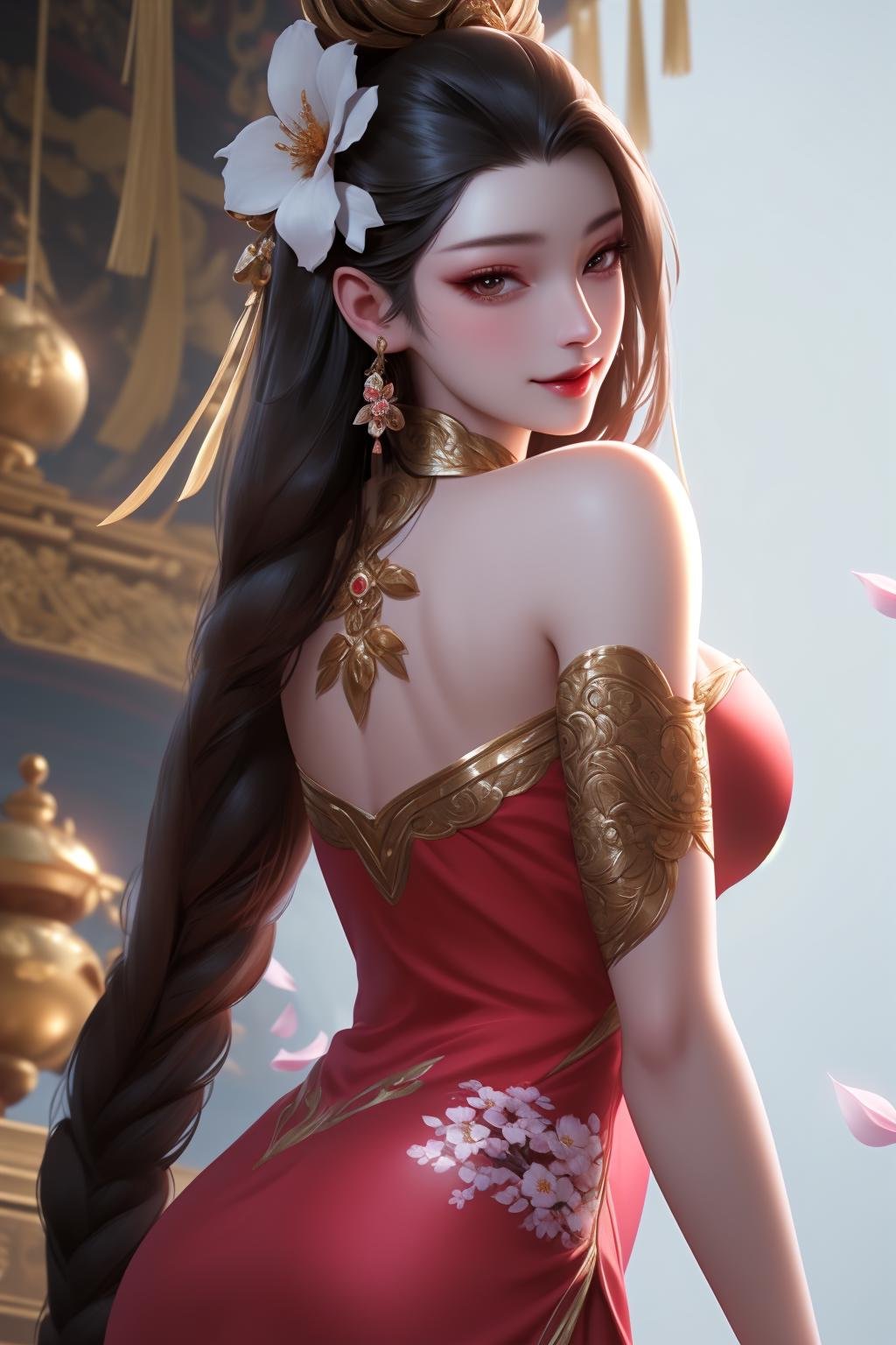 Original,very detailed wallpaper,very detailed illustrations,(1 Girl),perfect female body,beautiful eyes,(delicate face),(seductive expression),goddess,red clothes,1girl,hair ornament,long hair,solo,brown hair,looking back,pink dress,white background,bare shoulders,chinese clothes,brown eyes,flower,smile,cowboy shot,blossom,(shiny skin),(best lighting),(super-complex detail),4K Unity,(super-detailed CG:1.2),(8K:1.2),octane rendering,Dynamic,floating,luminous,League of Legends original painting,wide-angle viewing angle:2,