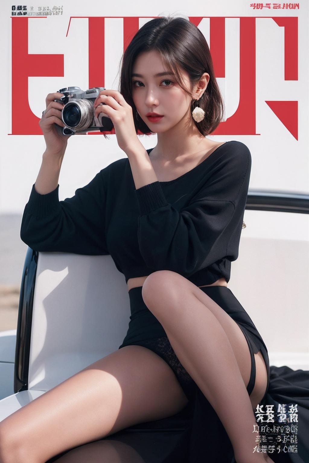 1girl,sitting,holding camera,solo,magazine cover,jewelry,solo,earrings,ground vehicle,ray_traycing,best quality,masterpiece,magazine cover,